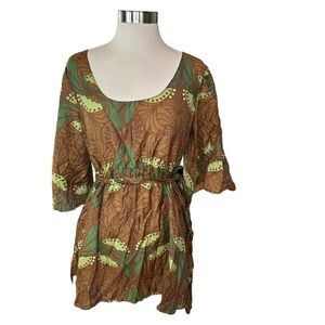 Trevan Blouse Women Bohemian Silk Short Sleeve Lightweight Tunic Brown Small NWT